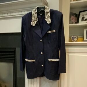 Jean blazer with pearl embellishment at collar and pockets